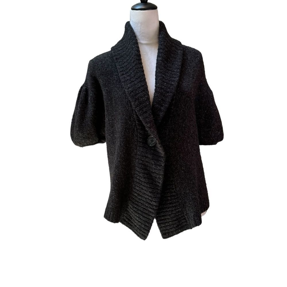 Wool Blend‎ Knit Cardigan Short Puff Sleeves Charcoal Gray Sweater Coat